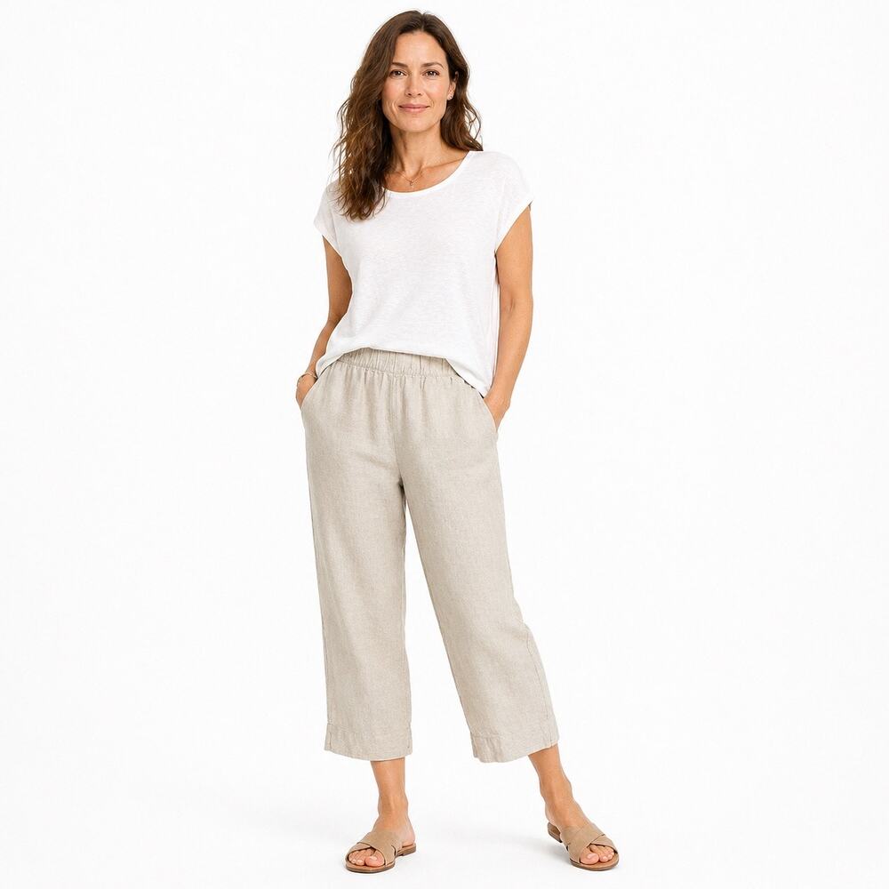 Pure Jill 100% Linen Pant Women Small Beige Pull On Elastic Waist Cropped Casual - Picture 1 of 6